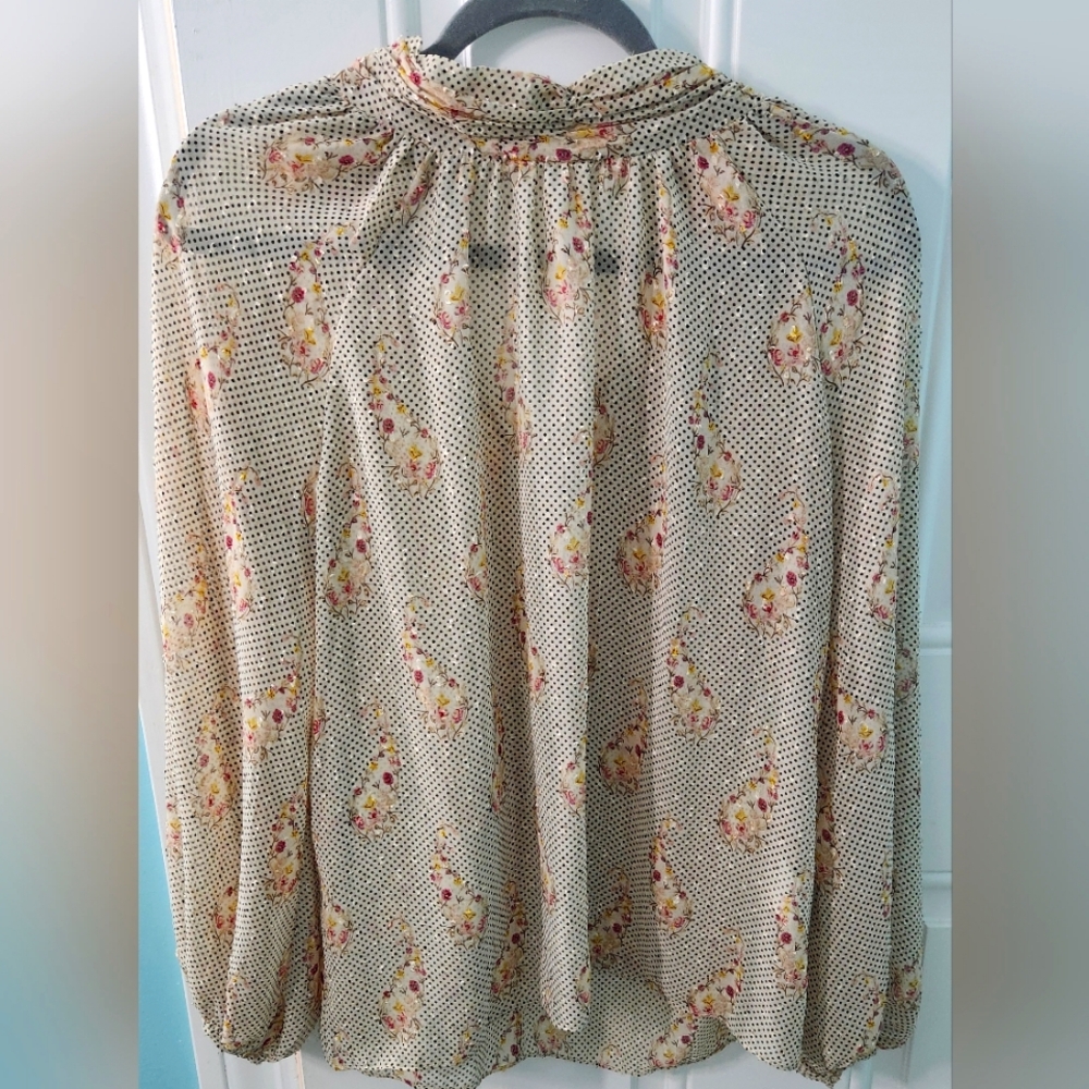 Traffic People NWT Sheer Polka Dot Floral High Neck Blouse Cream Black Rose XS